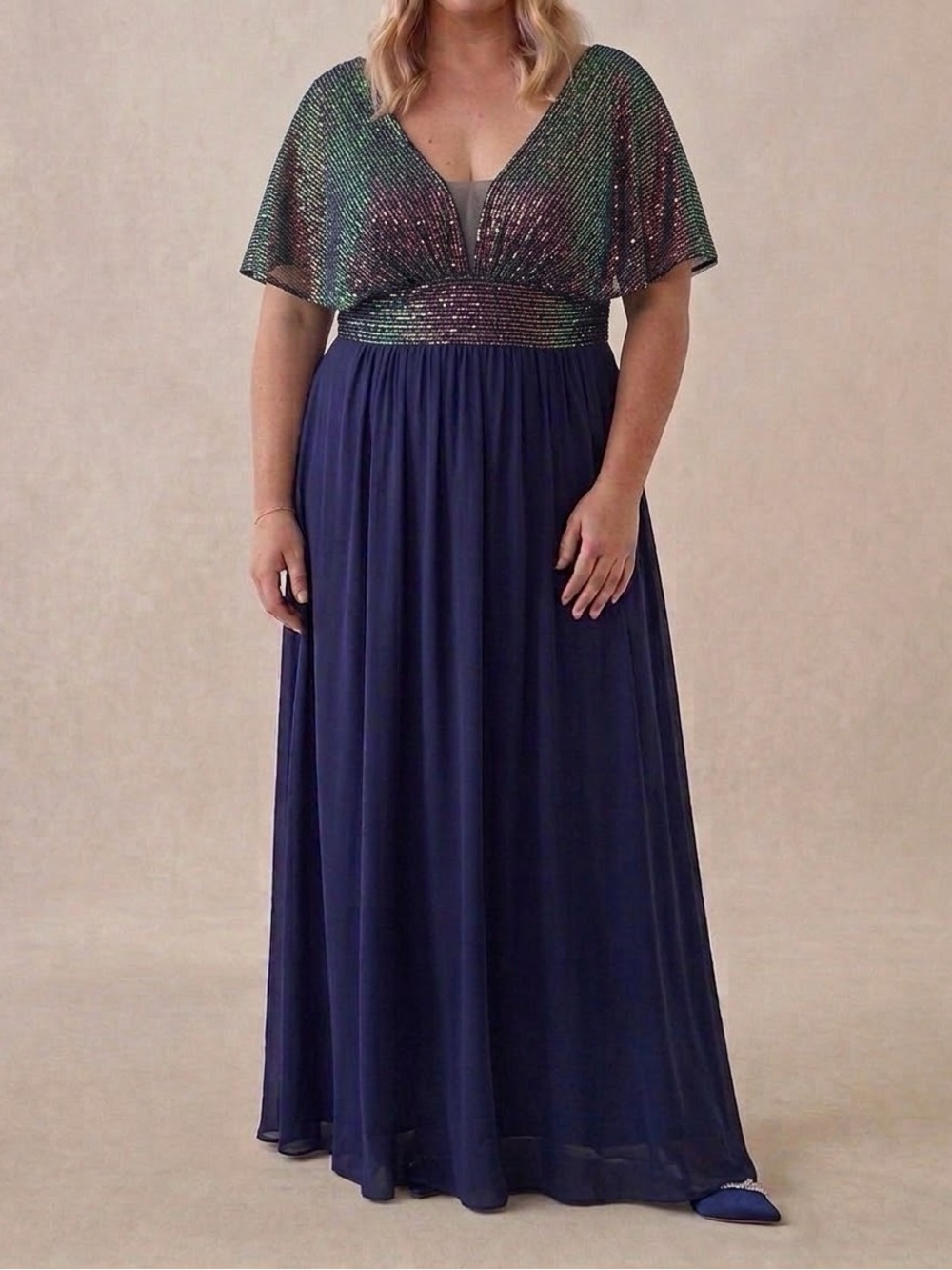 SHEIN Navy Chiffon Gown with Iridescent Sequin Bodice